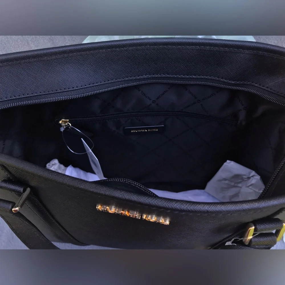 Michael Kors Black Leather Tote with Gold Logo Charm